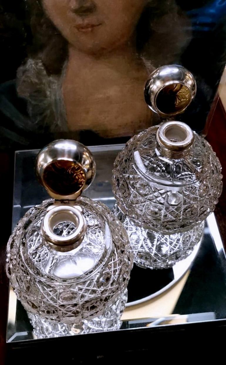 Victorian Style Pair of English Toilet Flasks Crystal Ground and Sterling Silver For Sale 11