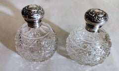 Victorian Style Pair of English Toilet Flasks Crystal Ground and Sterling Silver
