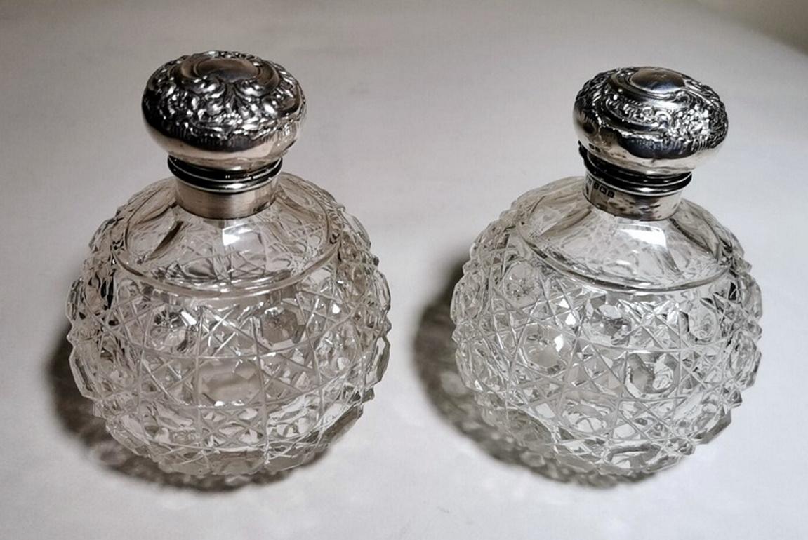 Hand-Carved Victorian Style Pair of English Toilet Flasks Crystal Ground and Sterling Silver For Sale