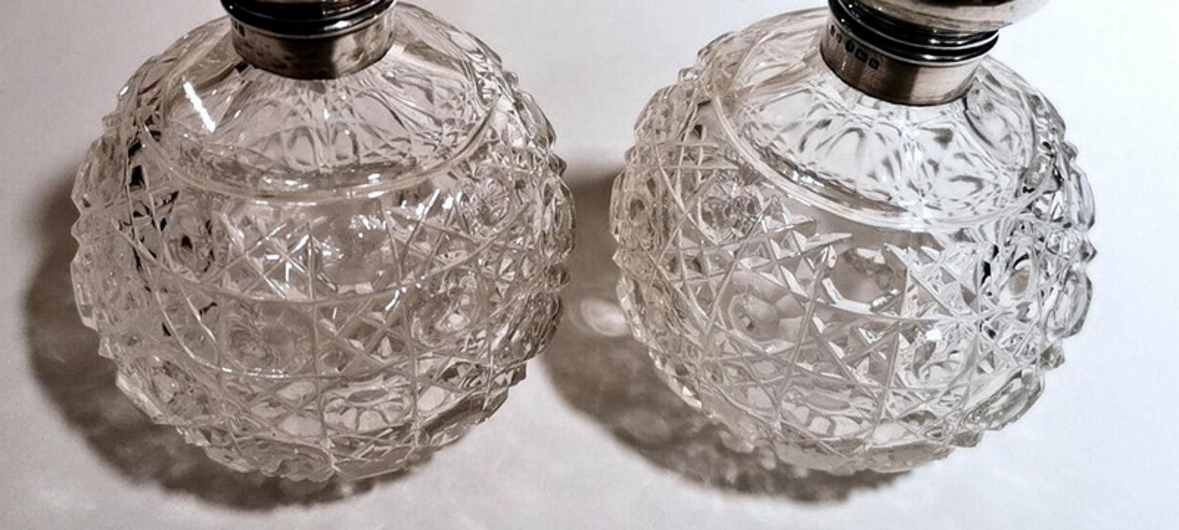 Victorian Style Pair of English Toilet Flasks Crystal Ground and Sterling Silver For Sale 1