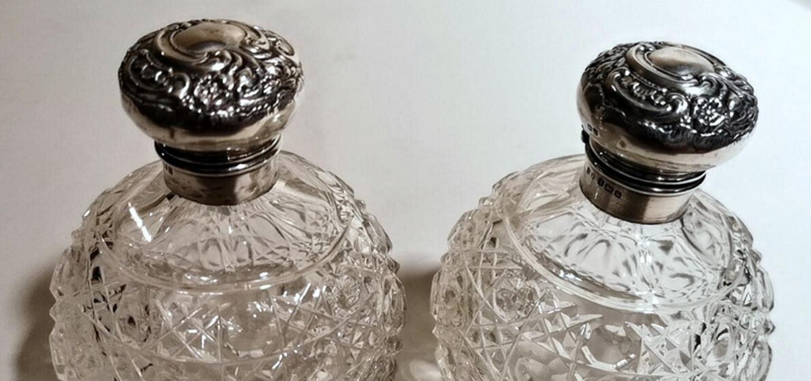 Victorian Style Pair of English Toilet Flasks Crystal Ground and Sterling Silver For Sale 2