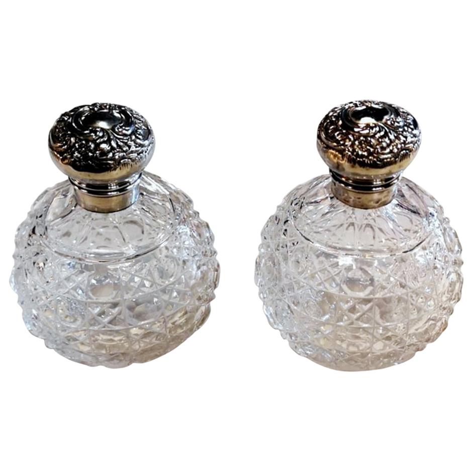 Victorian Style Pair of English Toilet Flasks Crystal Ground and Sterling Silver