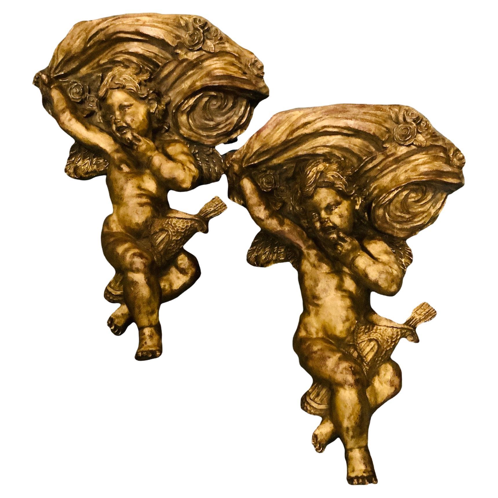 Victorian Style Pair of Gilt Wood Cherubs / Putti Shelves / Brackets  For Sale