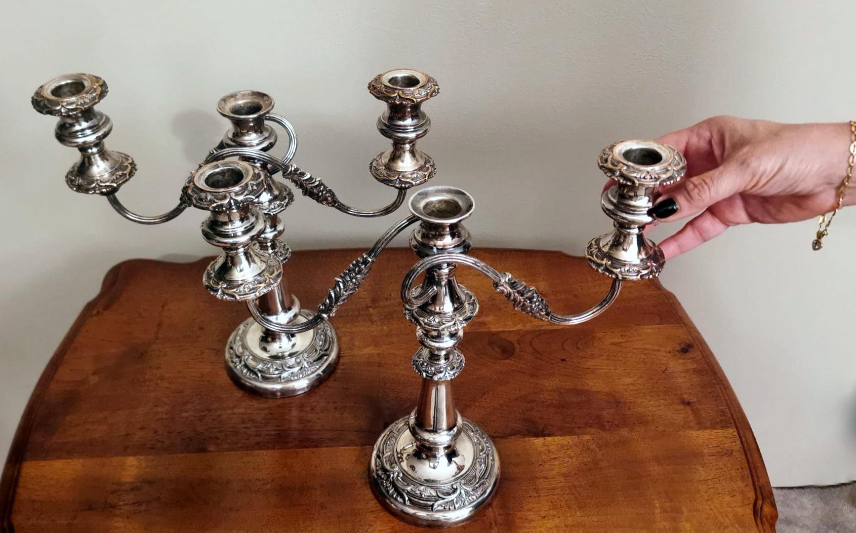 Victorian Style Pair of Silver Plated 3-Flame Convertible Candlesticks For Sale 6