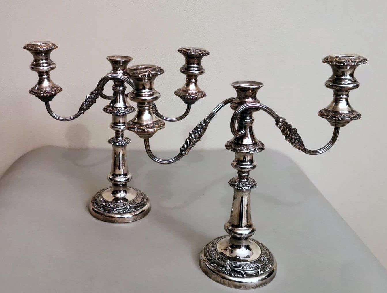 British Victorian Style Pair of Silver Plated 3-Flame Convertible Candlesticks For Sale