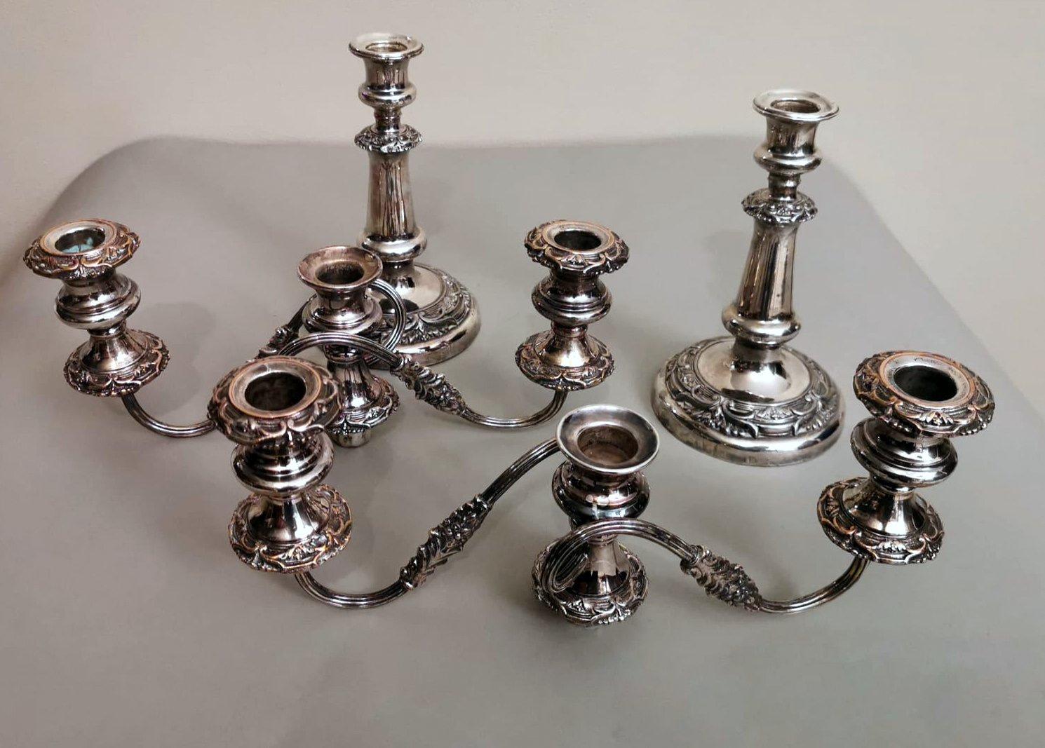Silvered Victorian Style Pair of Silver Plated 3-Flame Convertible Candlesticks For Sale