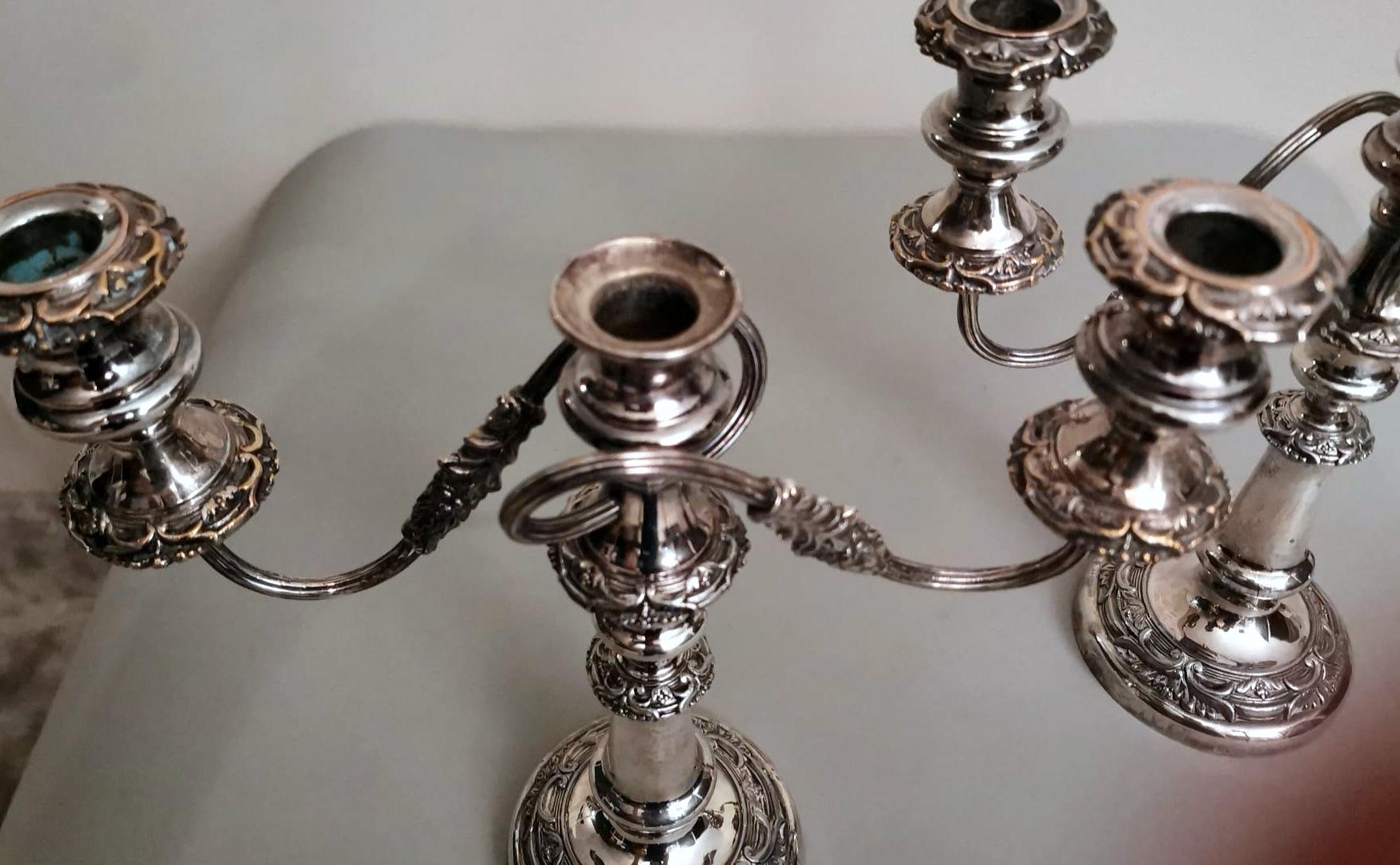 Sheffield Plate Victorian Style Pair of Silver Plated 3-Flame Convertible Candlesticks For Sale