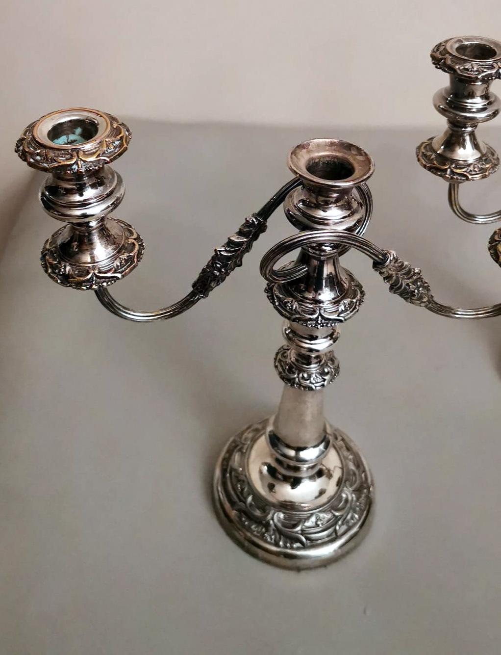 Victorian Style Pair of Silver Plated 3-Flame Convertible Candlesticks For Sale 1