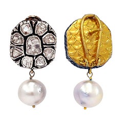 Victorian Style Polki Diamond Cluster & White Pearl Drop Earrings In 14k Gold