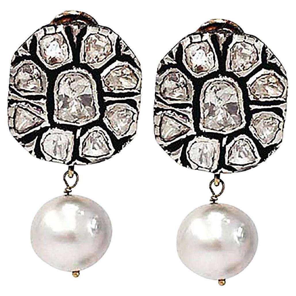 Victorian Style Polki Diamond Cluster 
White Pearl Drop Earrings In 14k Gold