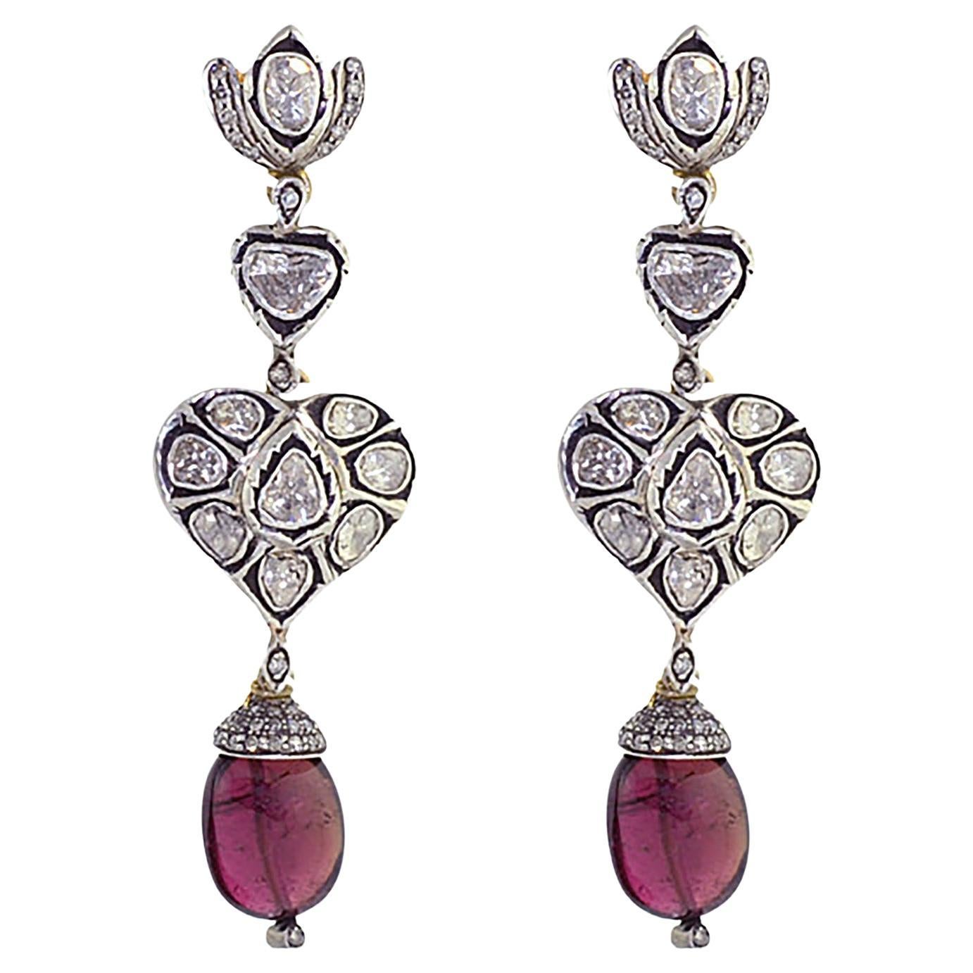 Victorian Style Polki Diamonds 
Pink Tourmaline 14k Gold Heart Drop Earrings For Sale