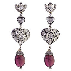 Victorian Style Polki Diamonds 
Pink Tourmaline 14k Gold Heart Drop Earrings