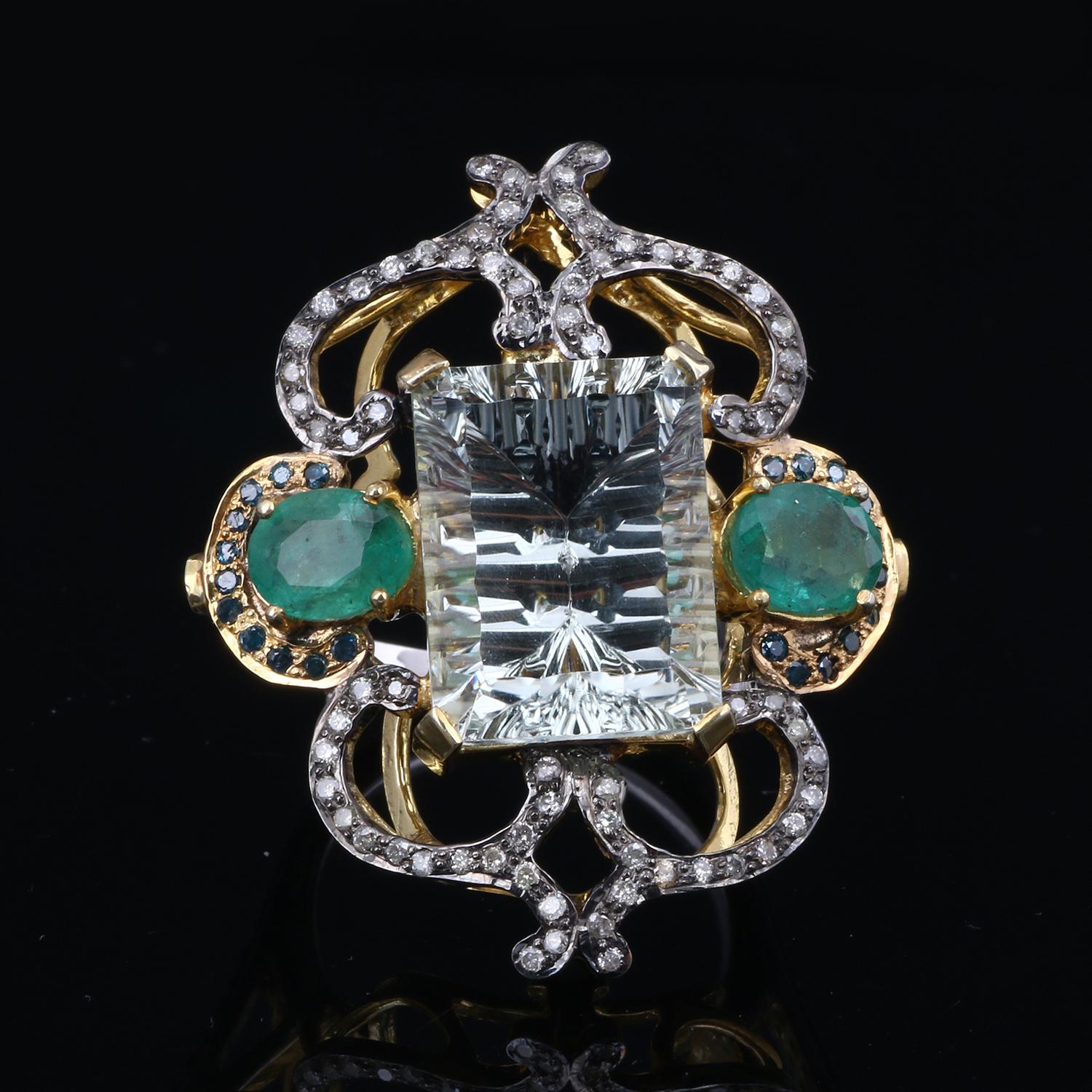 Victorien Bague cocktail de style victorien en argent, diamants, émeraudes et pierres précieuses - 8 en vente