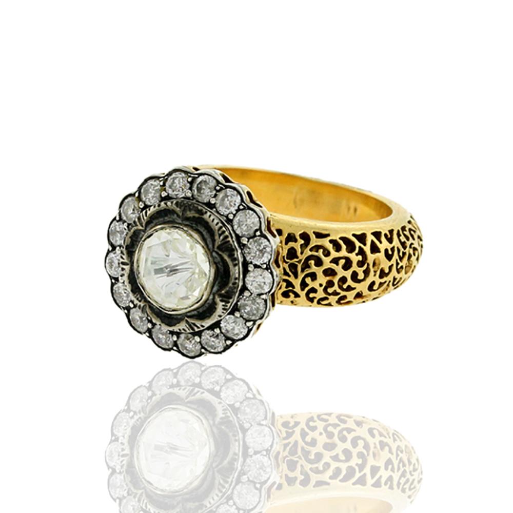 Rose Cut Victorian Style Ring with Center Diamonds & Pave Diamonds with Ornamental Design For Sale