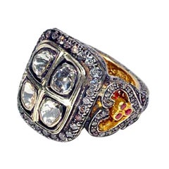 Victorian Style Ring with Diamonds & Ruby Set Made in 14k Gold & Silver