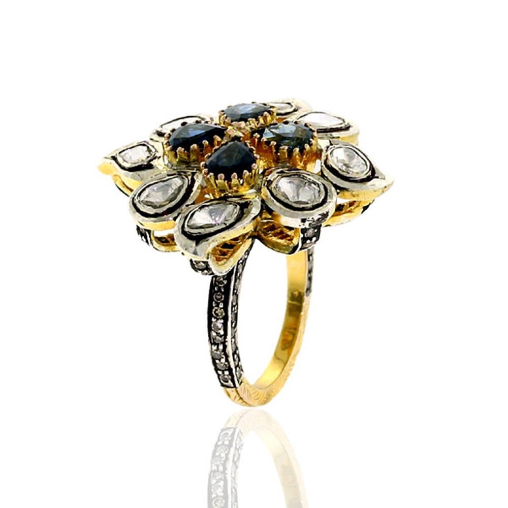 Rose Cut Victorian Style Ring With Pear Shape Blue Sapphires & Pave Diamond Grill For Sale