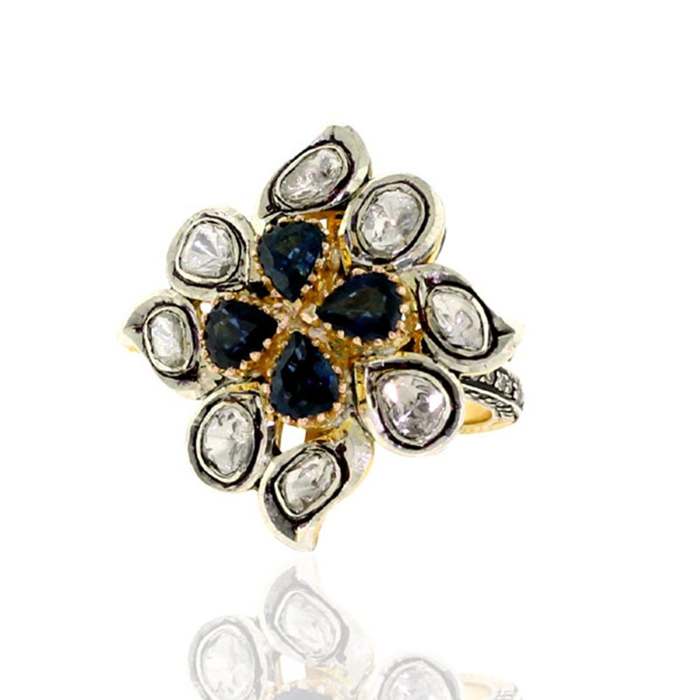 Victorian Style Ring With Pear Shape Blue Sapphires & Pave Diamond Grill In New Condition For Sale In New York, NY