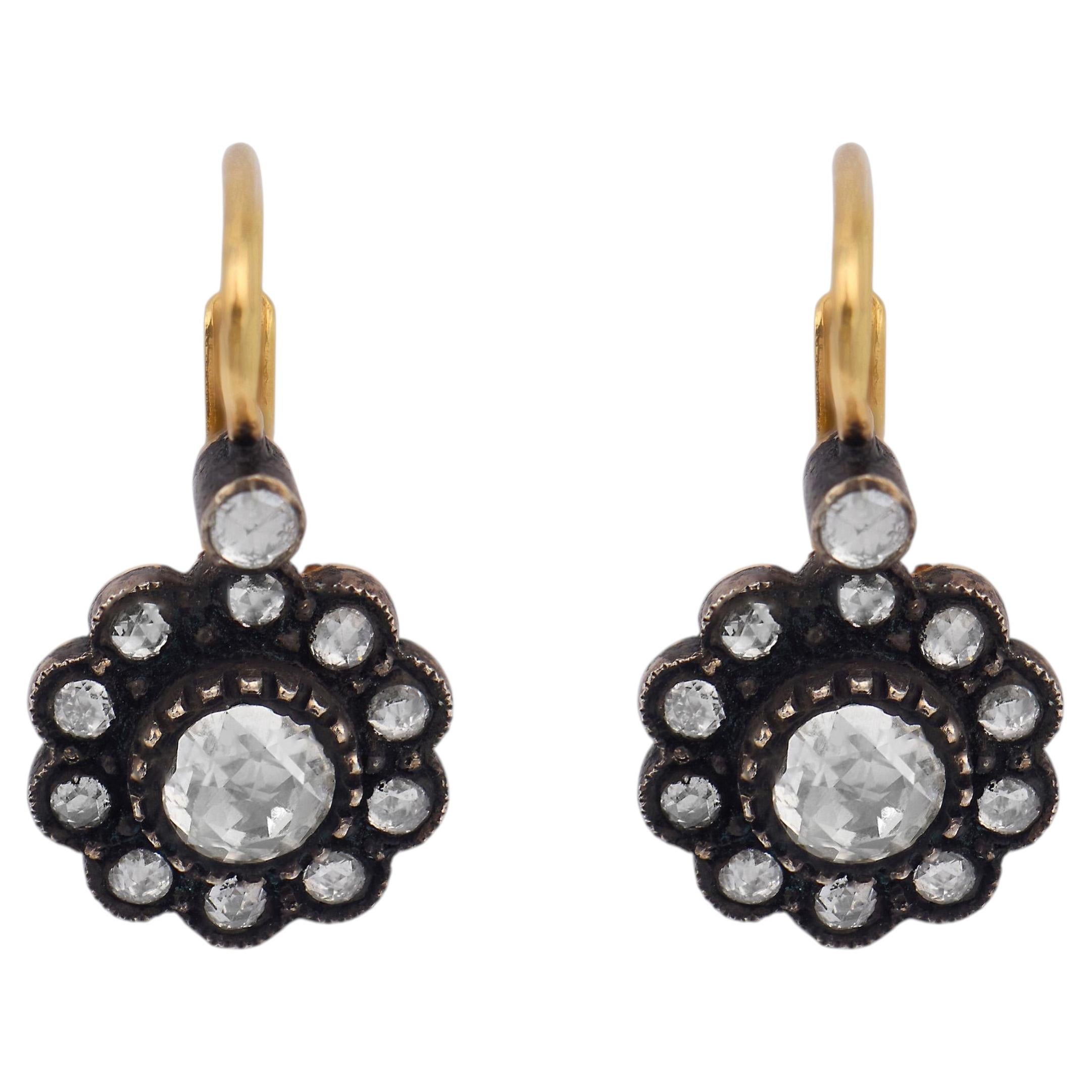 Victorian style rose cut diamond 18k yellow gold cluster earrings