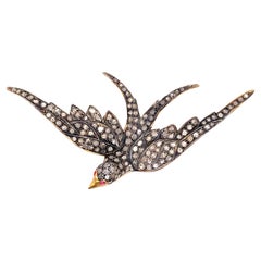 Victorian Style Rose Cut Diamonds with Ruby Bird Brooch Silver & Gold