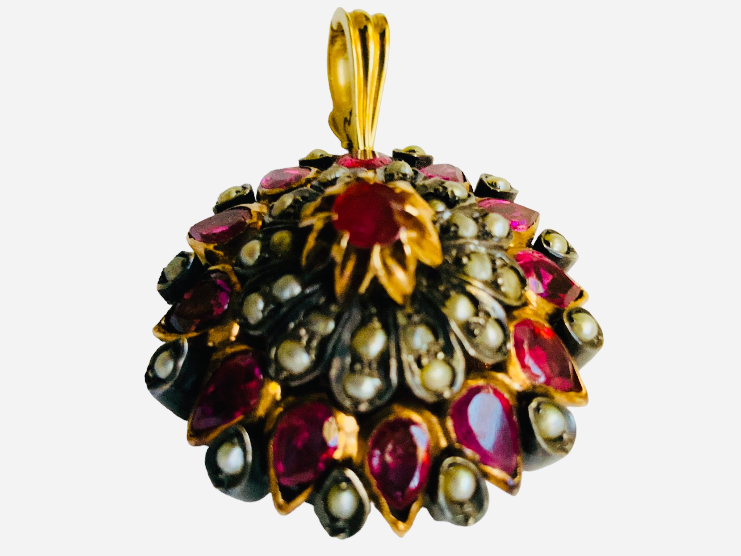 Victorian Style Rose Gold Rubies And Seed Pearls Pendant For Sale 5