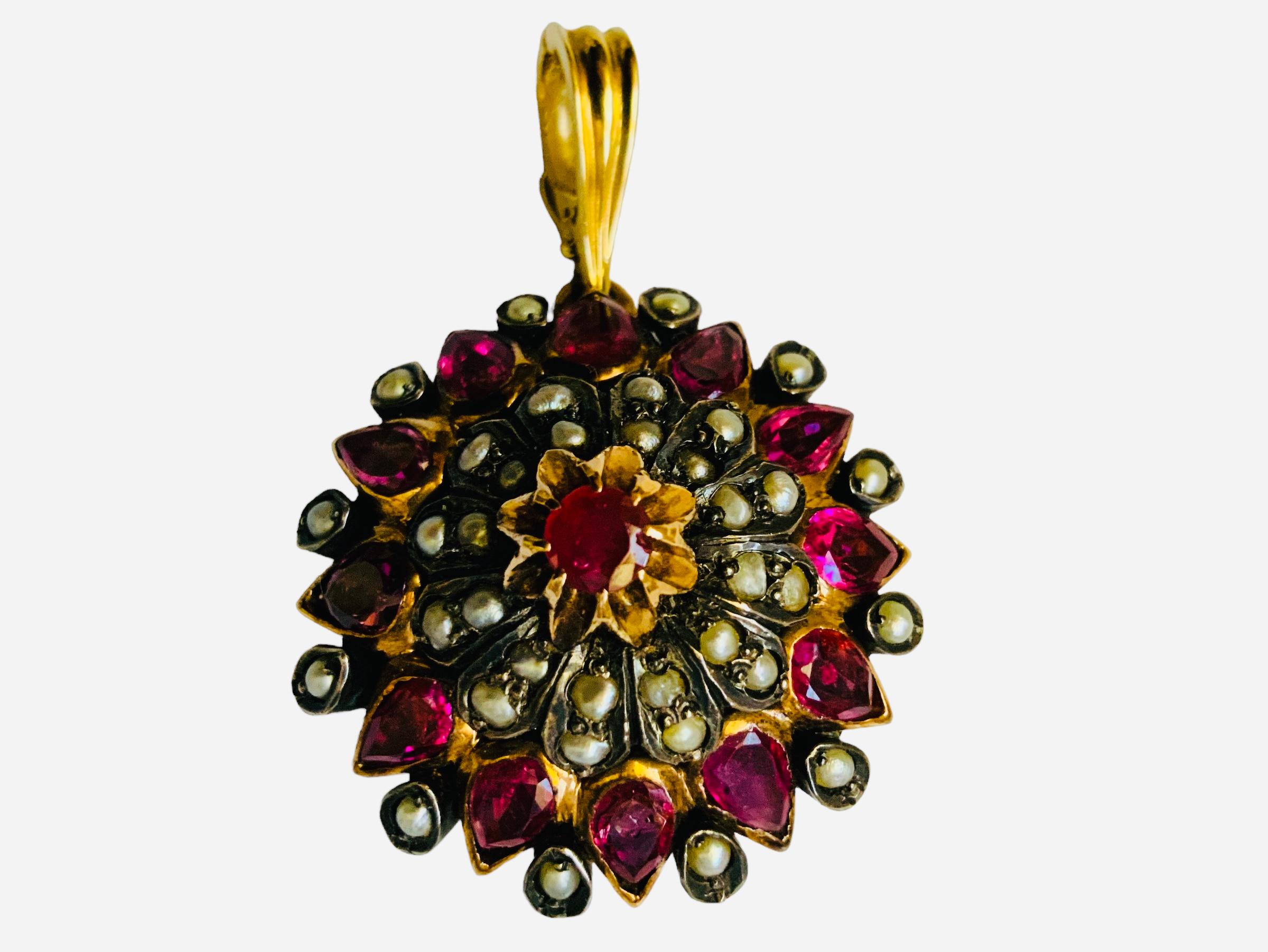 Victorian Style Rose Gold Rubies And Seed Pearls Pendant For Sale 4