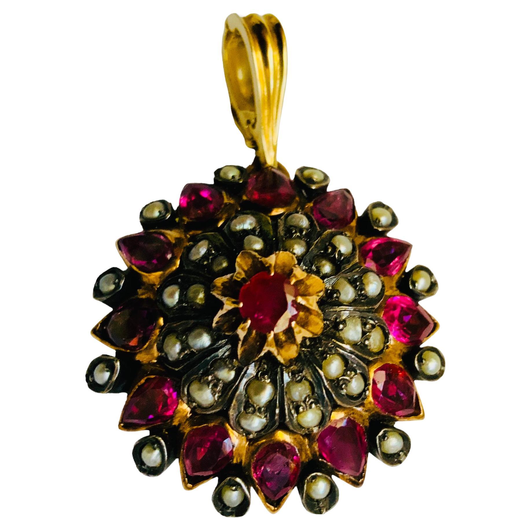 Victorian Style Rose Gold Rubies And Seed Pearls Pendant