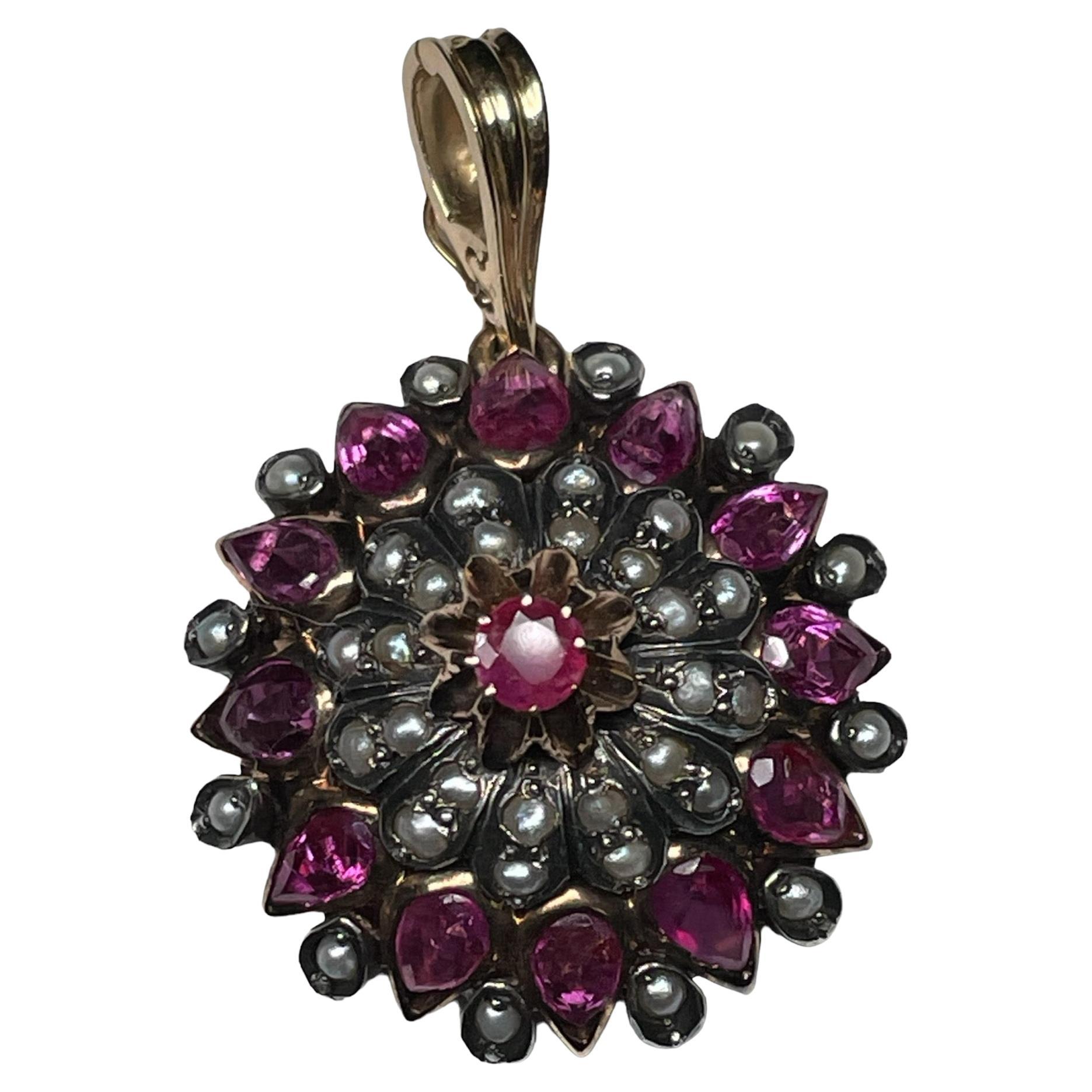 Victorian Style Rose Gold Rubies And Seed Pearls Pendant