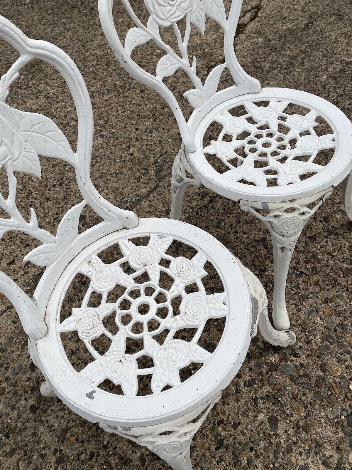 Victorian Style Rose Pattern Cast Aluminum Garden Patio Outdoor Bistro Chairs In Good Condition For Sale In Philadelphia, PA