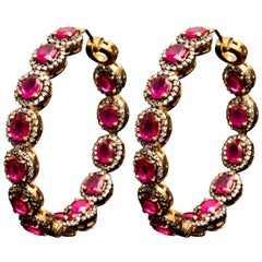 Victorian-Style Ruby Single-Cut Diamond 14 Karat Gold Handcrafted Hoop Earrings