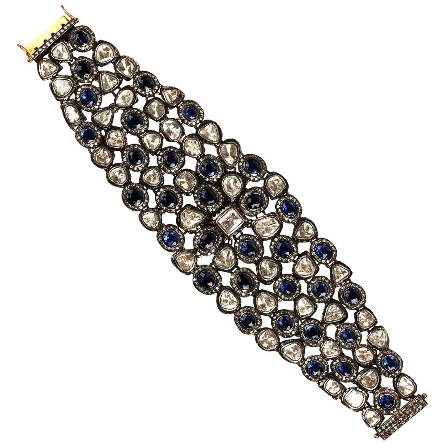 Victorian-Style Sapphire & Diamond Wide 18K Gold & Oxidized Silver Cuff Bracelet