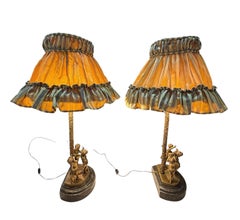 Victorian Style Set of Bronze Table Lamps With Marble Base, Cherubs