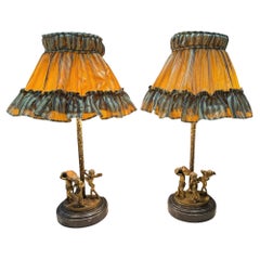 Victorian Style Set of Bronze Table Lamps With Marble Base, Cherubs