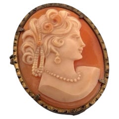 Victorian Style Shell Cameo Yellow Plated Frame Brooch, 3.5cm x 2.5cm