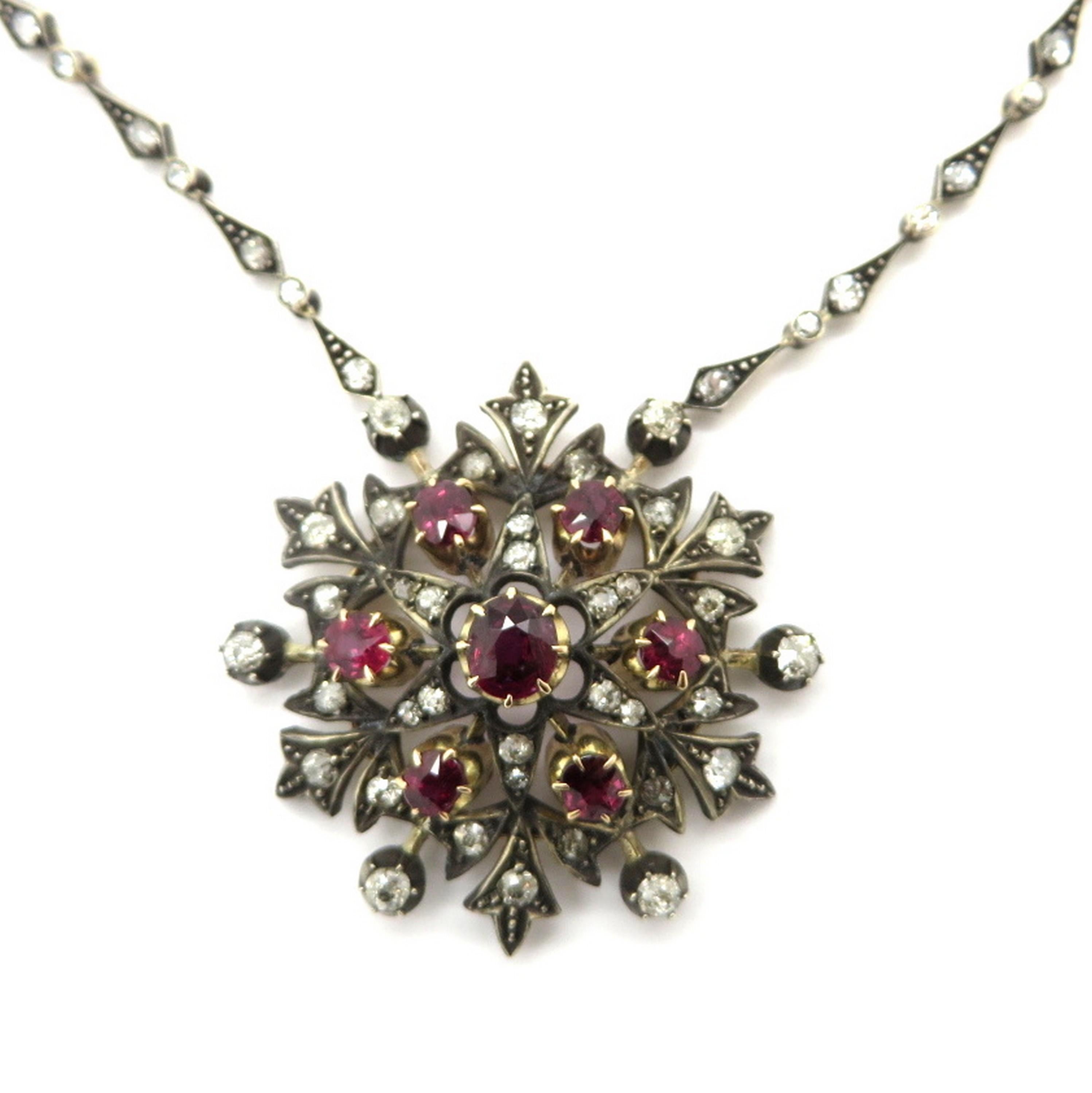 Old Mine Cut Victorian Style Silver and 18 Karat Yellow Gold Floral Ruby and Diamond Necklace For Sale