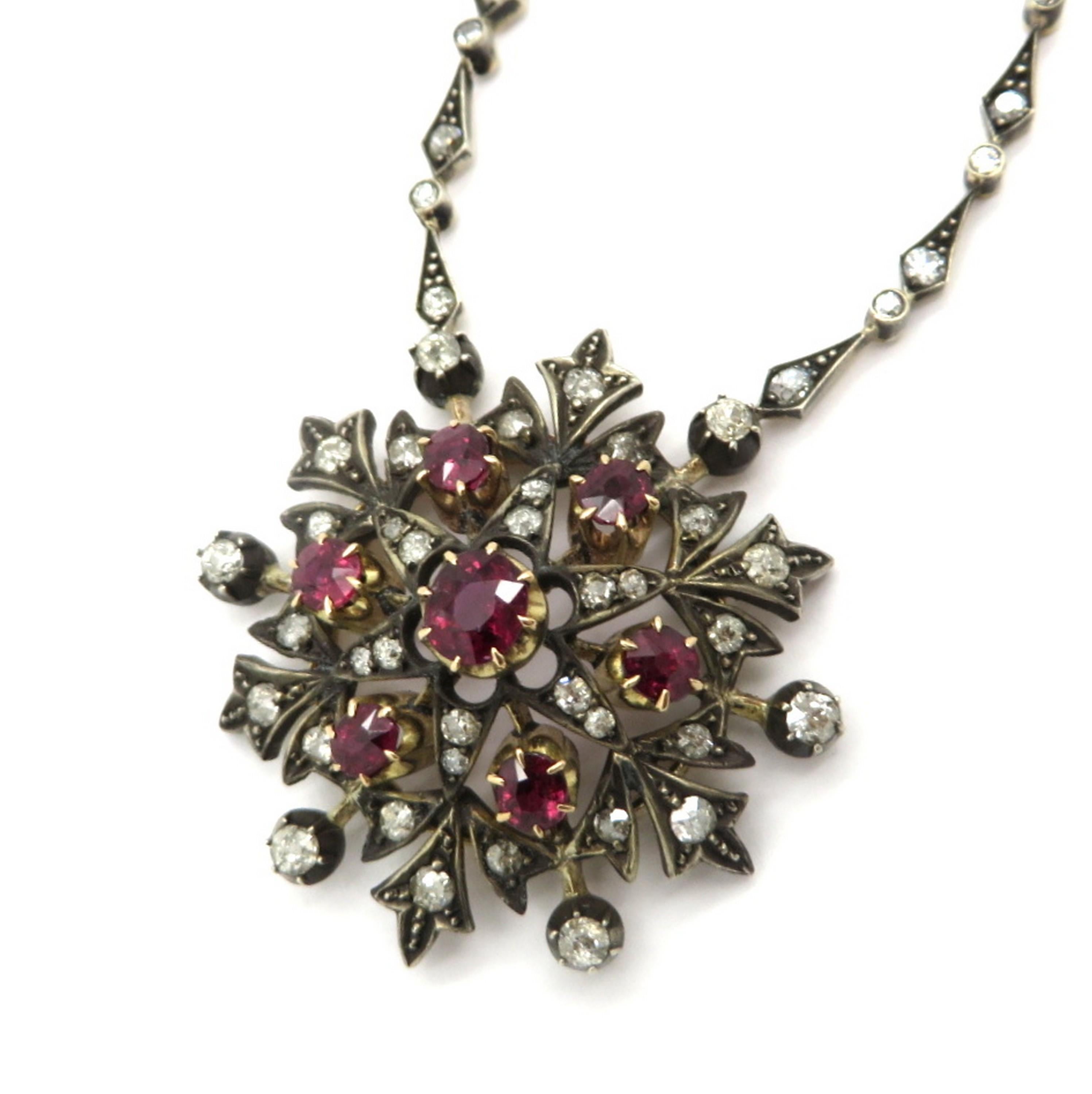 Victorian Style Silver and 18 Karat Yellow Gold Floral Ruby and Diamond Necklace In Excellent Condition For Sale In Scottsdale, AZ