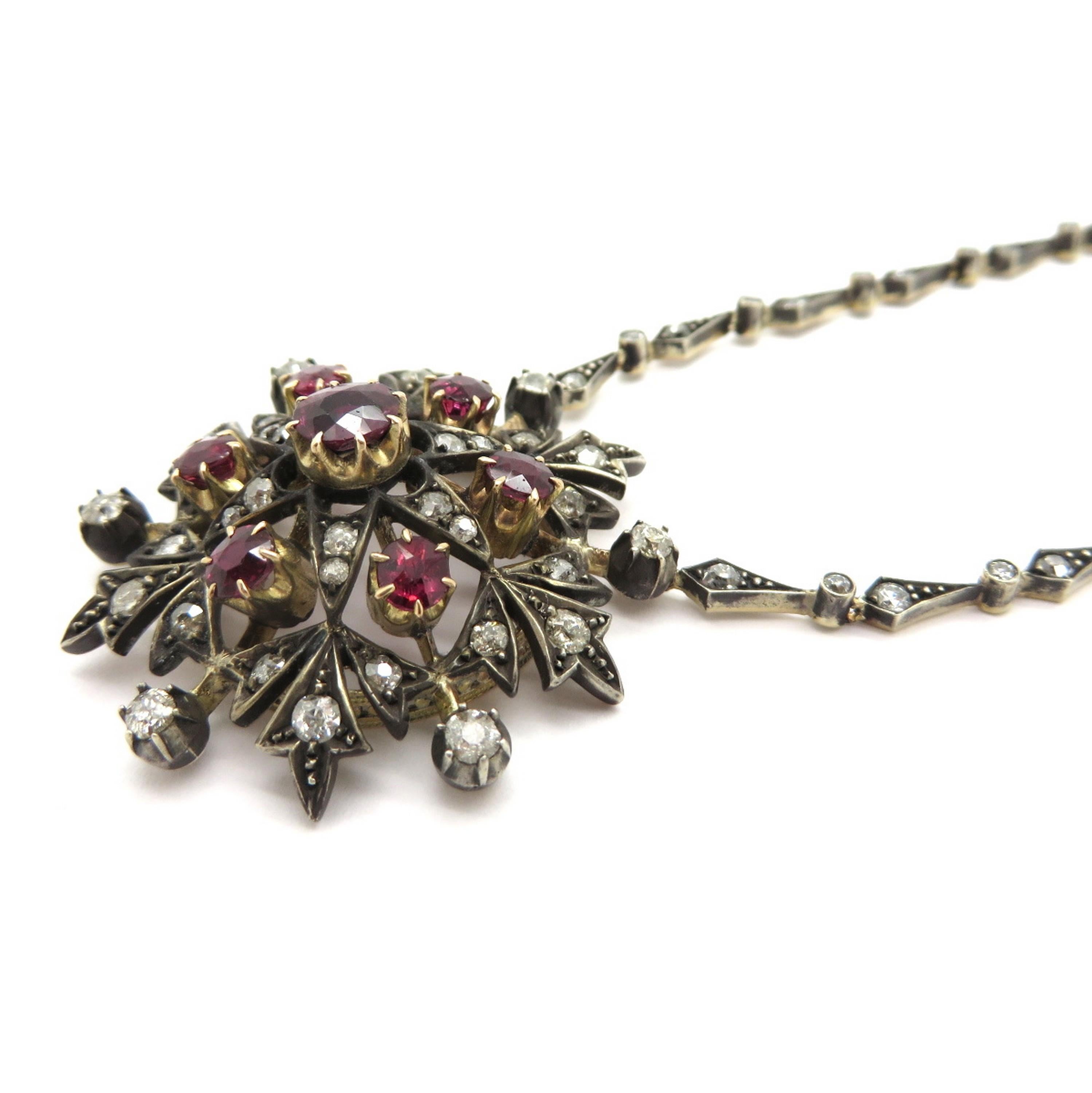 Women's Victorian Style Silver and 18 Karat Yellow Gold Floral Ruby and Diamond Necklace For Sale