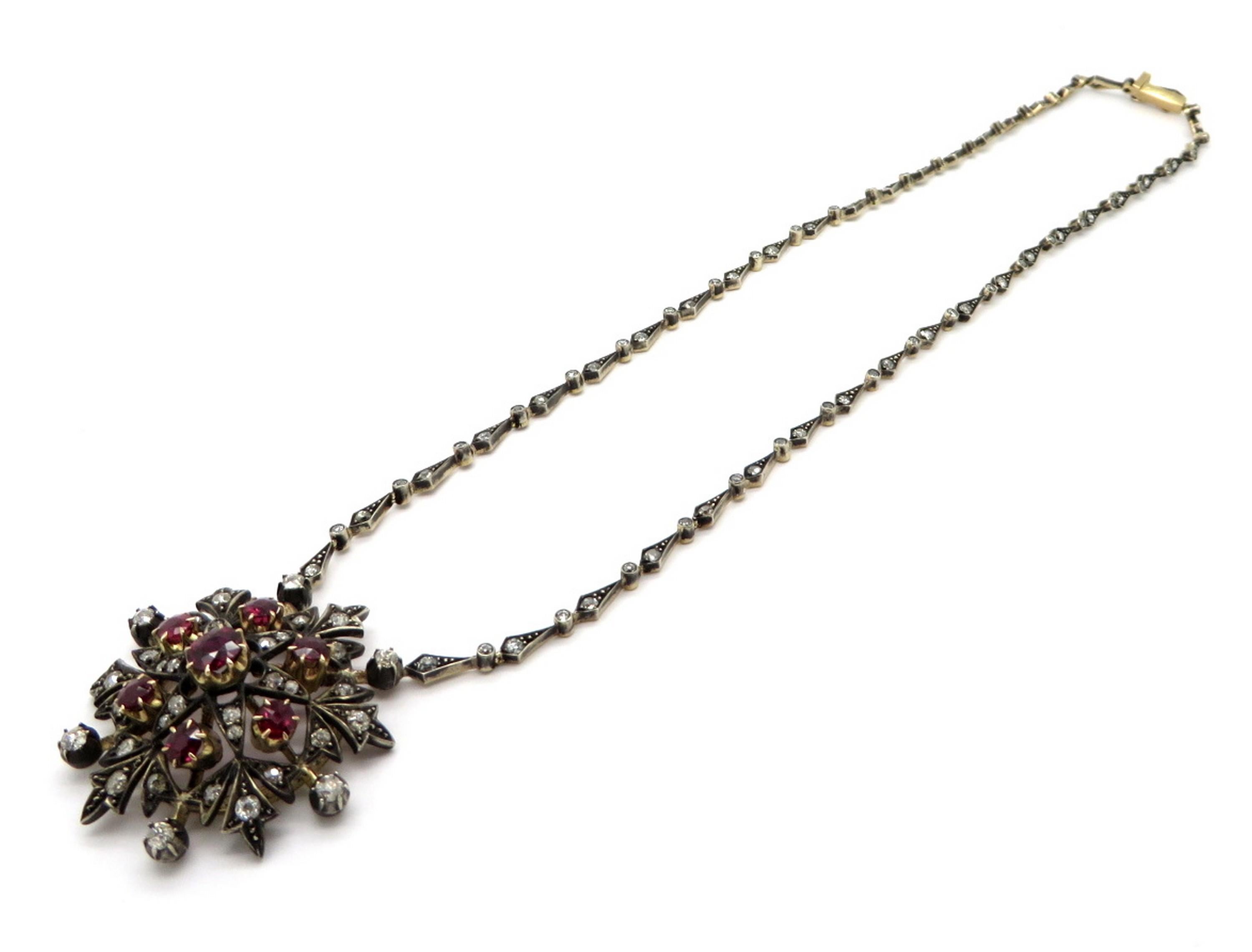 Victorian Style Silver and 18 Karat Yellow Gold Floral Ruby and Diamond Necklace For Sale 1