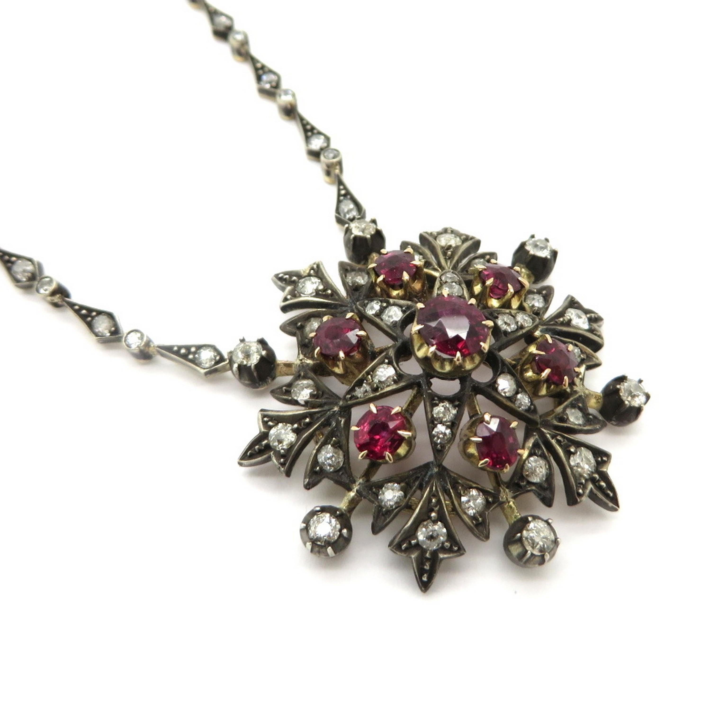 Victorian Style Silver and 18 Karat Yellow Gold Floral Ruby and Diamond Necklace For Sale 2