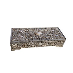 Victorian Style Silver Decorative Jewelry Box with Hinged Lid and Mirror