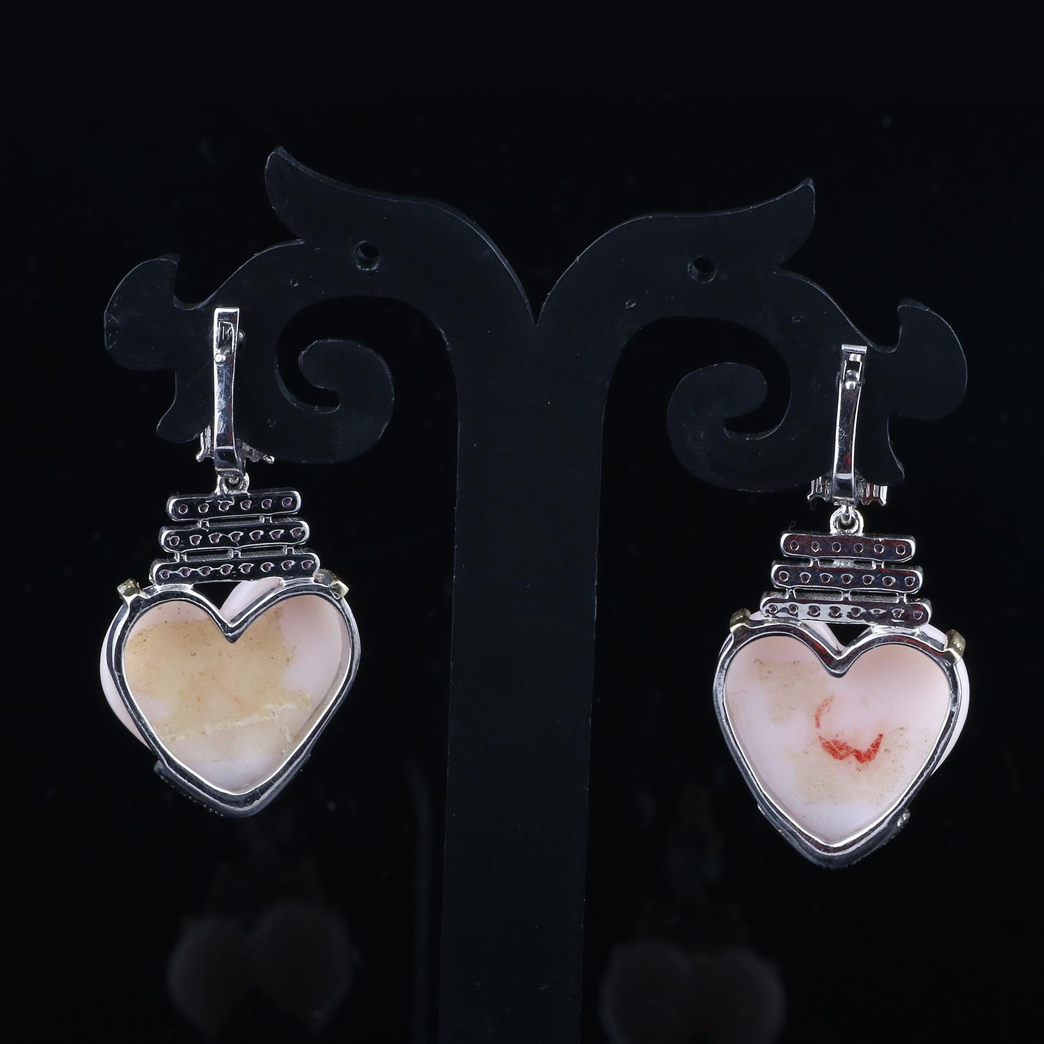 Round Cut Victorian Style Silver Diamond Amethyst & Opal Heart Shape Dangle Earrings For Sale