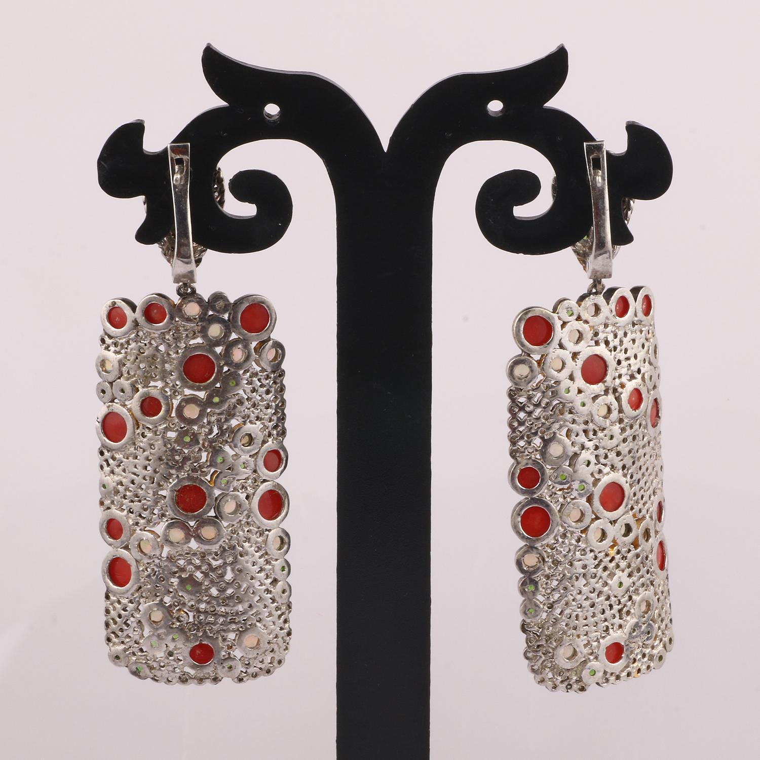 Victorian Style Silver Diamond & Coral, Tsavorite Ethiopian Opal Dangle Earrings In New Condition For Sale In Jaipur, RJ