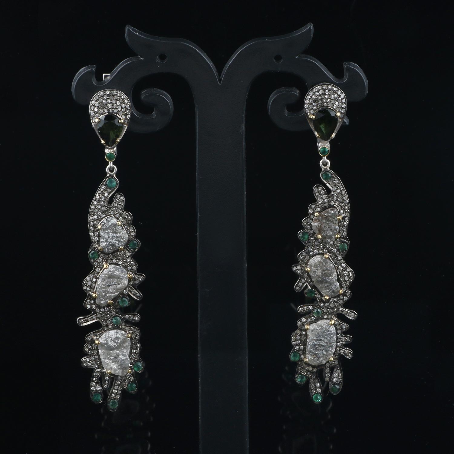 Victorian Style Silver Diamond Earrings, Emerald Green Tourmaline Earrings In New Condition For Sale In Jaipur, RJ