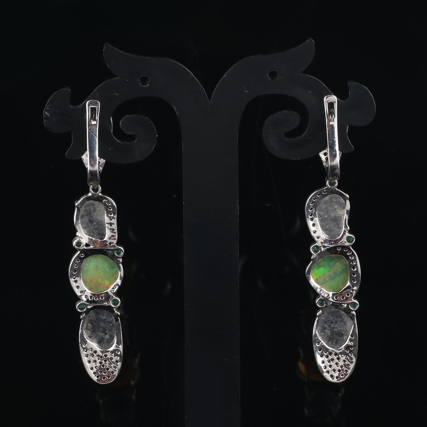 Round Cut Victorian Style Silver Diamond, Emerald Tsavorite Ethiopian Opal Dangle Earrings For Sale