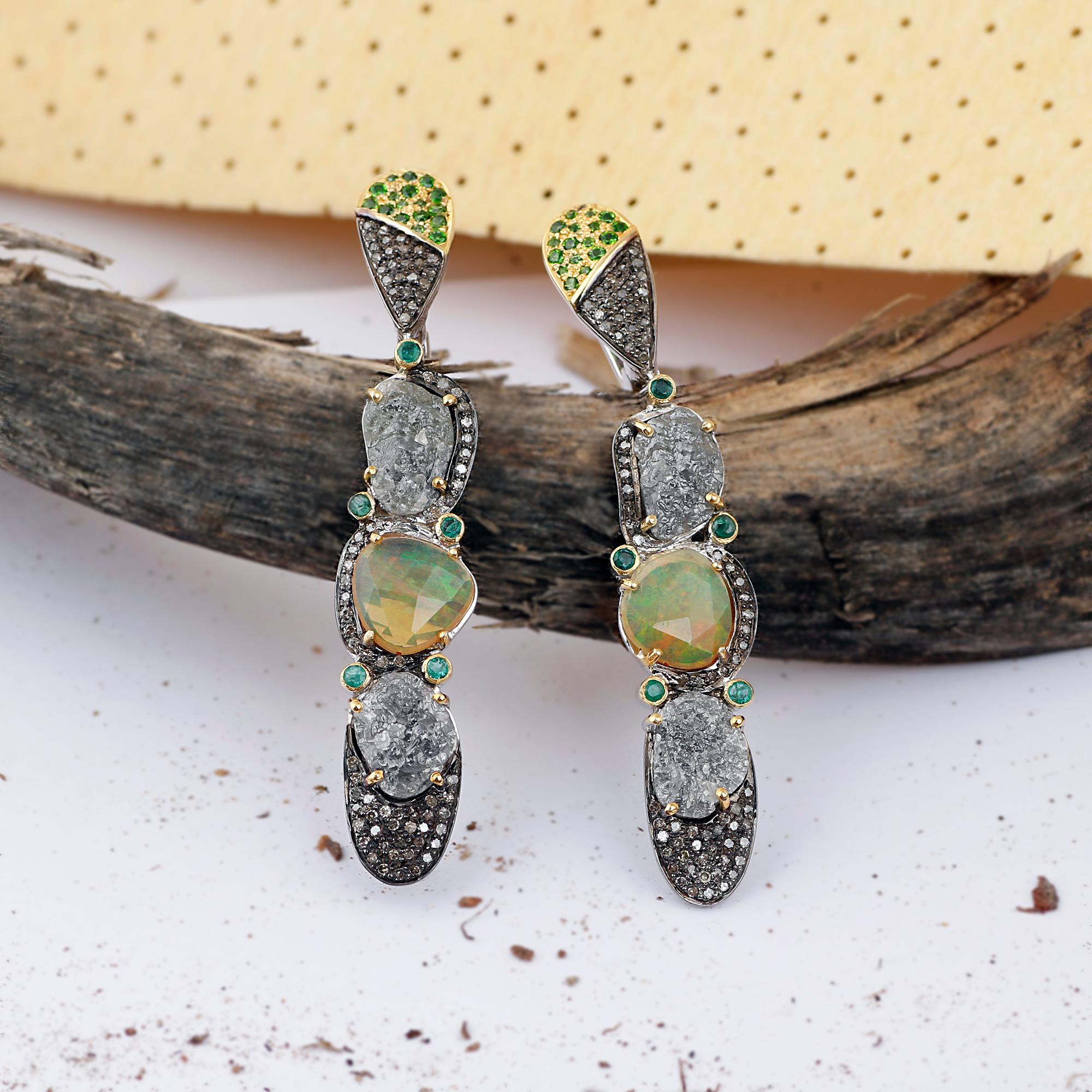 Victorian Style Silver Diamond, Emerald Tsavorite Ethiopian Opal Dangle Earrings In New Condition For Sale In Jaipur, RJ