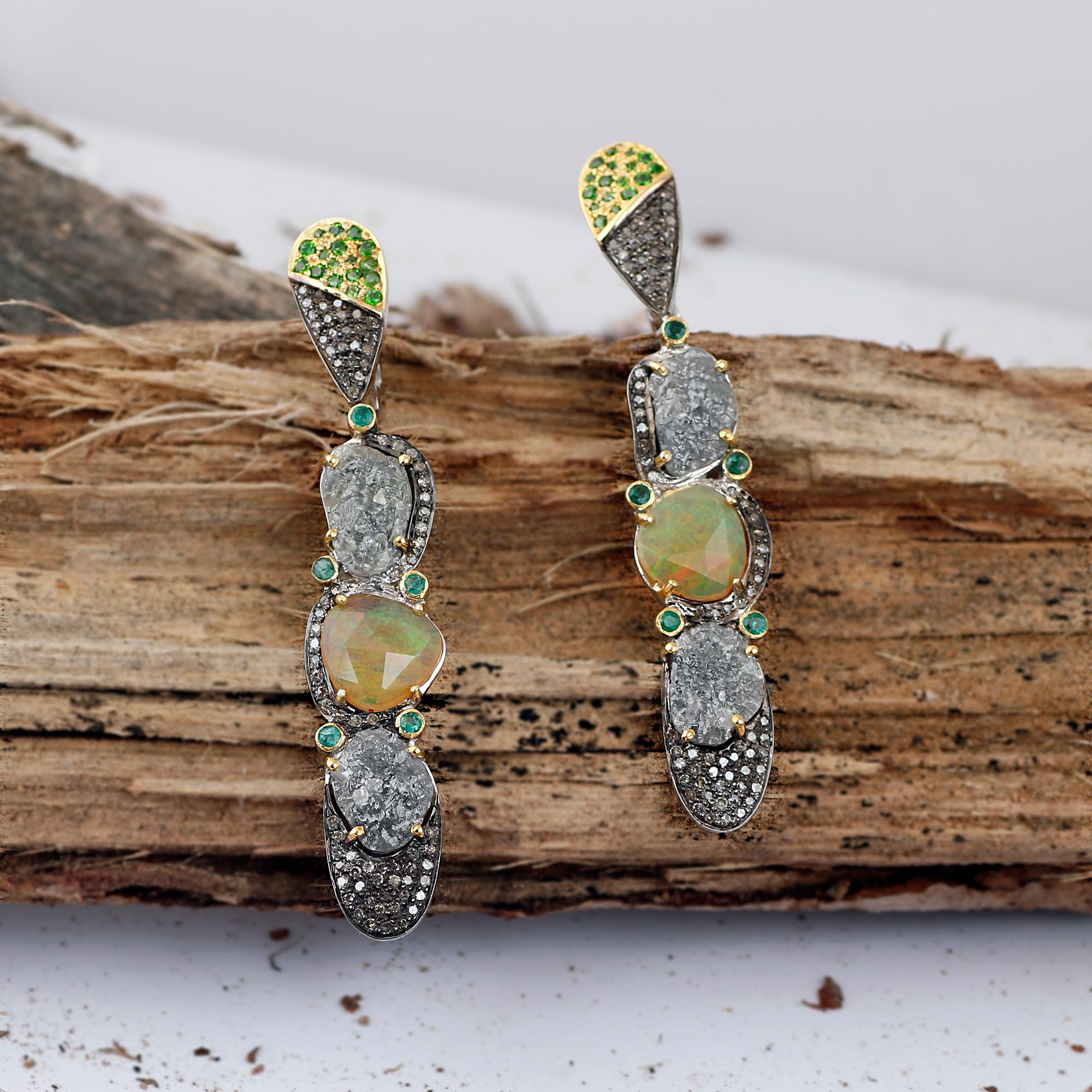 Women's Victorian Style Silver Diamond, Emerald Tsavorite Ethiopian Opal Dangle Earrings For Sale