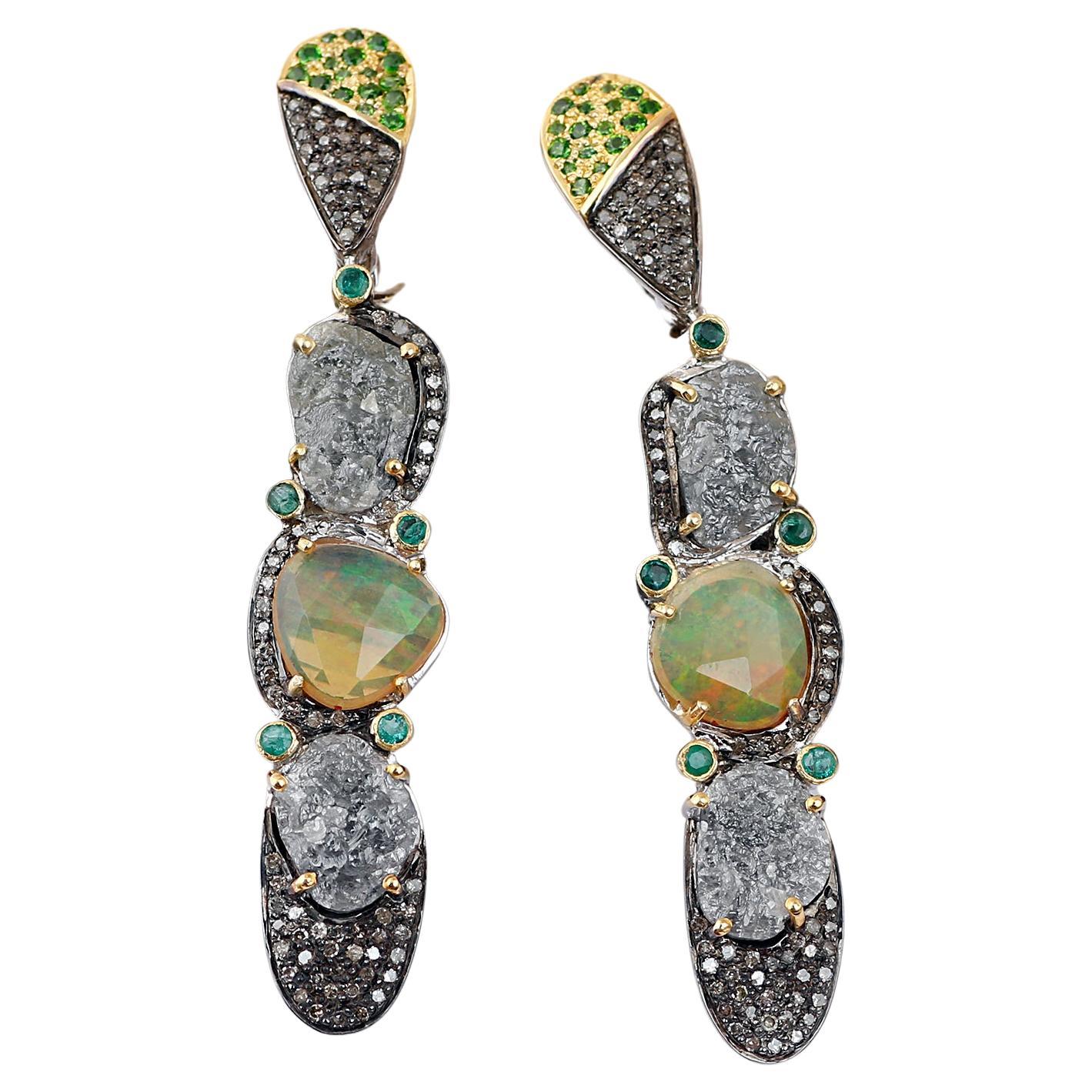 Victorian Style Silver Diamond, Emerald Tsavorite Ethiopian Opal Dangle Earrings