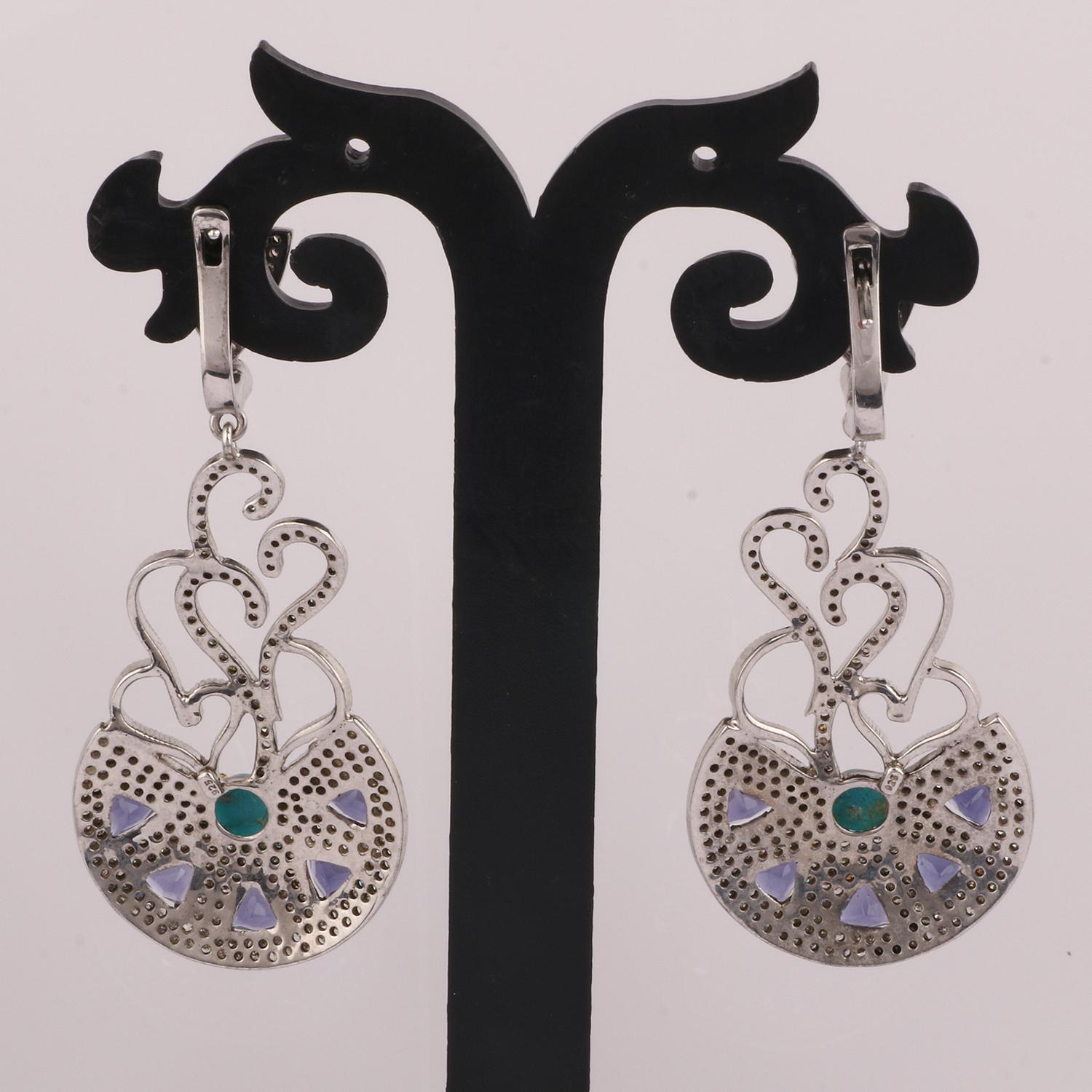 Round Cut Victorian Style Silver Diamond & Tanzanite, Turquoise Dangle Earrings For Sale