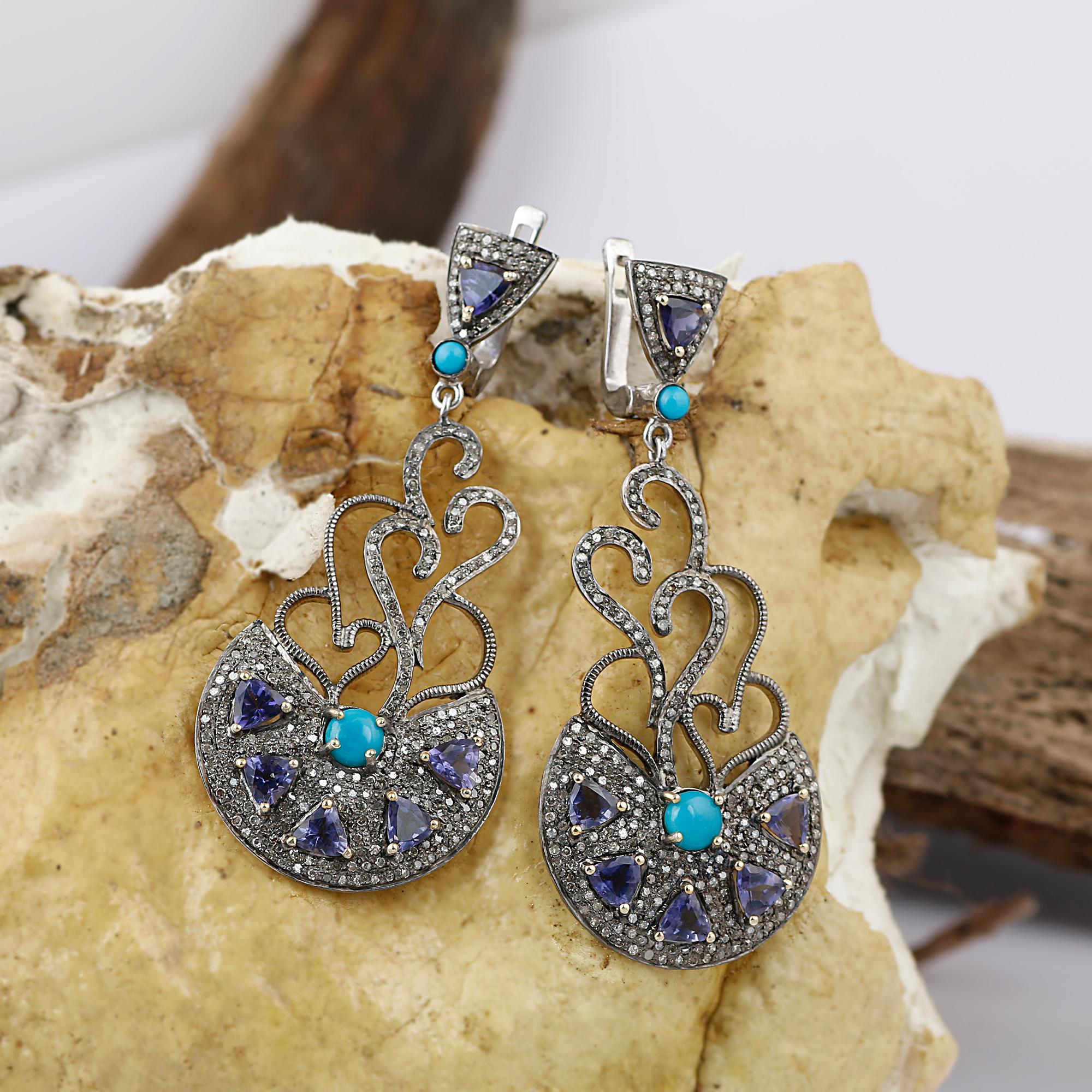 Victorian Style Silver Diamond & Tanzanite, Turquoise Dangle Earrings In New Condition For Sale In Jaipur, RJ