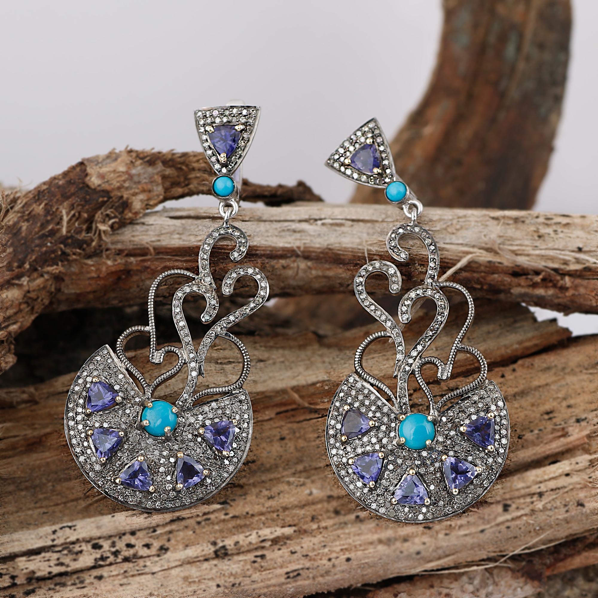 Women's Victorian Style Silver Diamond & Tanzanite, Turquoise Dangle Earrings For Sale