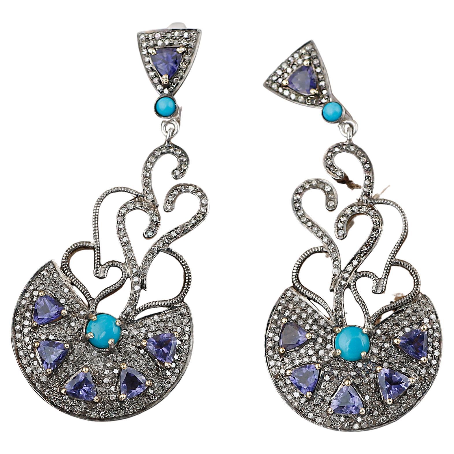 Pendants d'oreilles de style victorien en argent, diamants et tanzanites, avec turquoise 64X27
